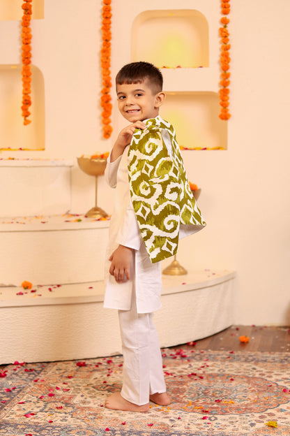 Stylish Boys' White Kurta Pyjama with Mehendi Green Kothi/Jacket - 3pc set (0-8 Years)