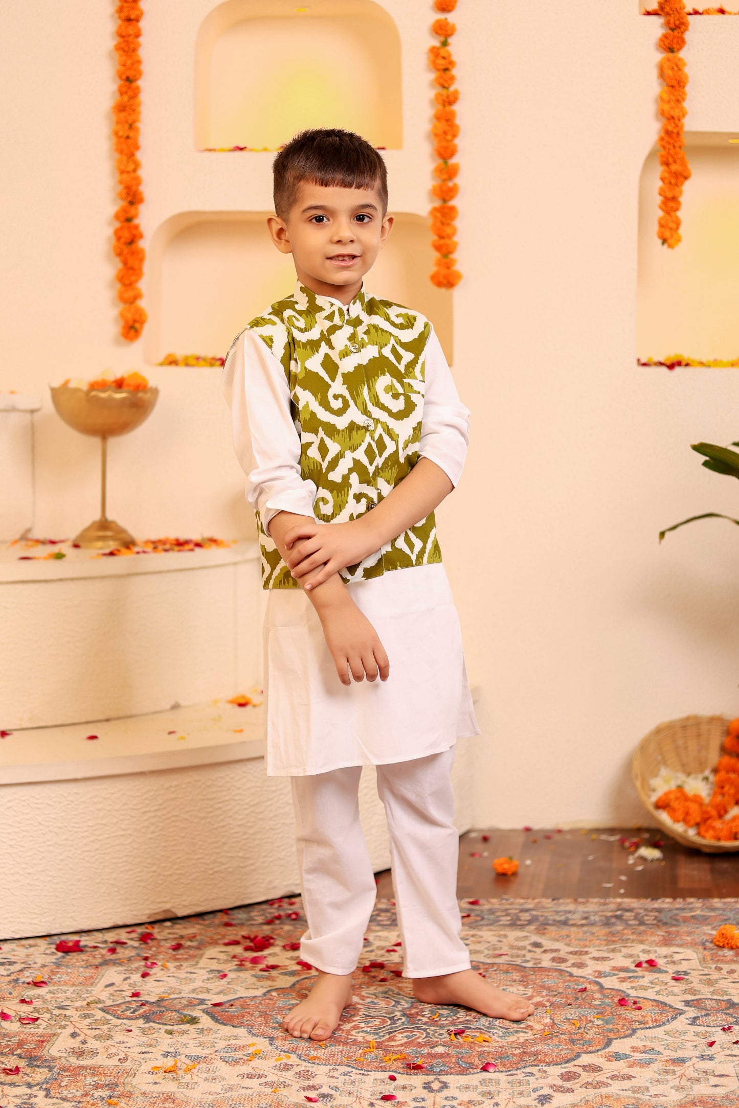 Stylish Boys' White Kurta Pyjama with Mehendi Green Kothi/Jacket - 3pc set (0-8 Years)