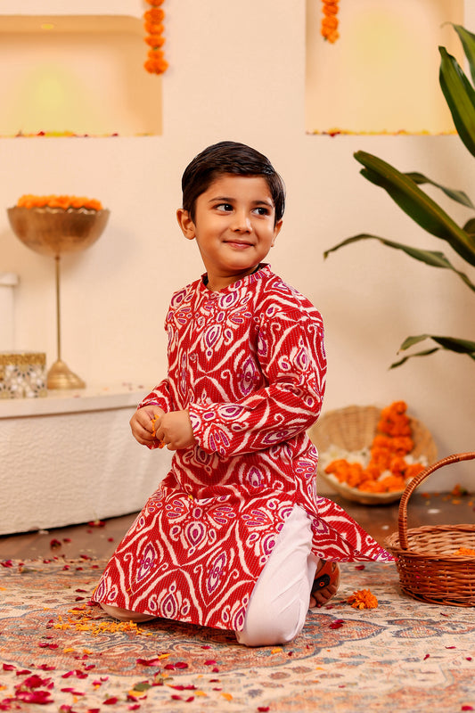 Boys Elegant Kantha Kurta Pyjama - Red/Blue (0-8 Years)