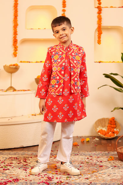 Stylish Boys' Red/Blue Kurta Pyjama with Kothi/Jacket - 3pc set (0-8 Years)