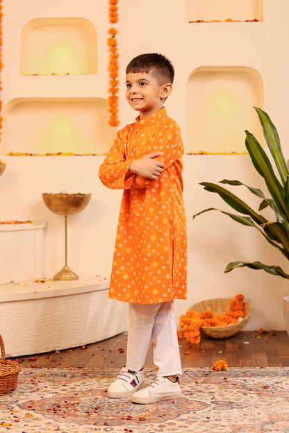 Boys Vibrant Orange Bandhani Kurta Pyjama for Kids (1-12 Years)