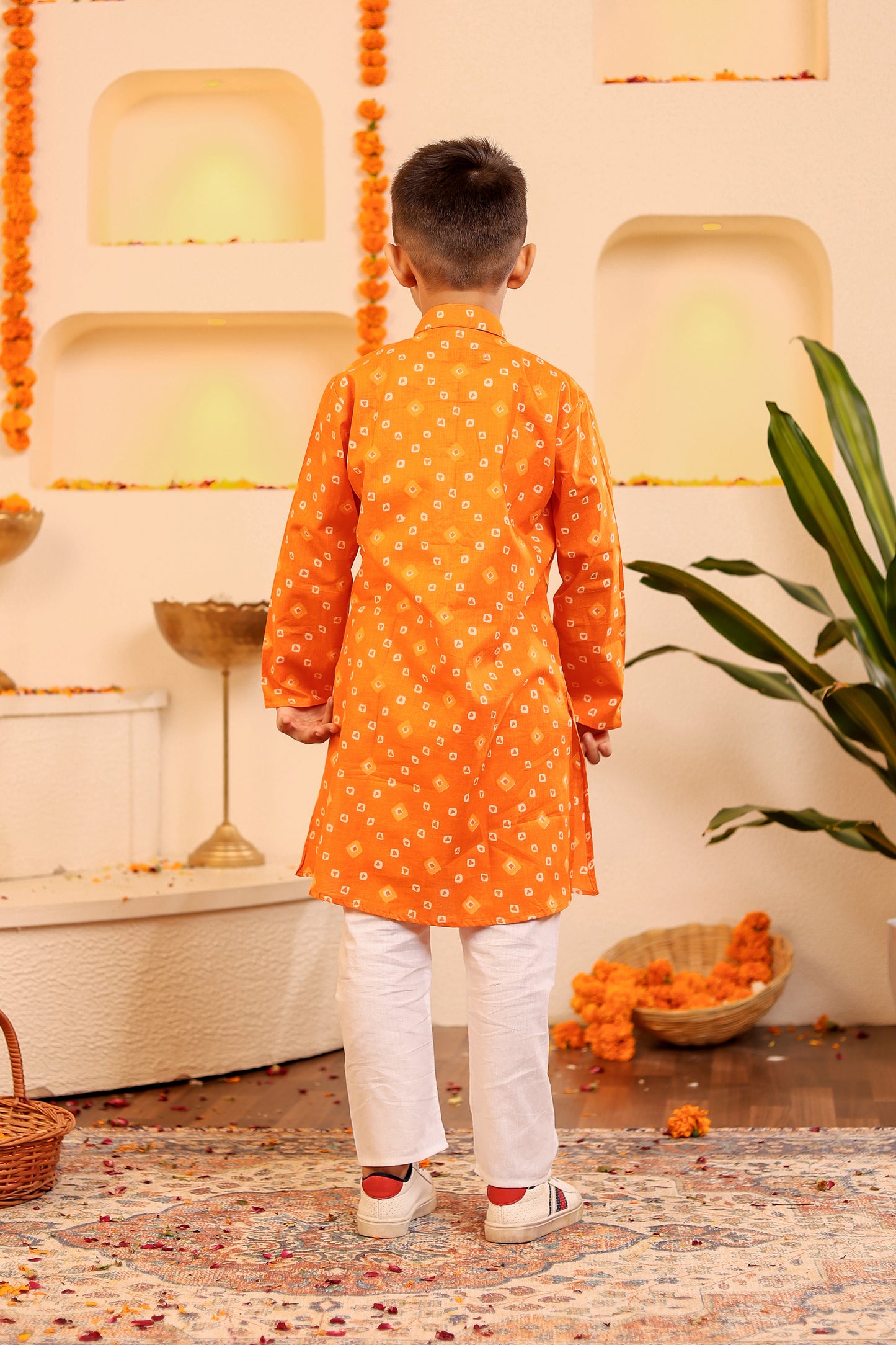 Boys Vibrant Orange Bandhani Kurta Pyjama for Kids (1-12 Years)