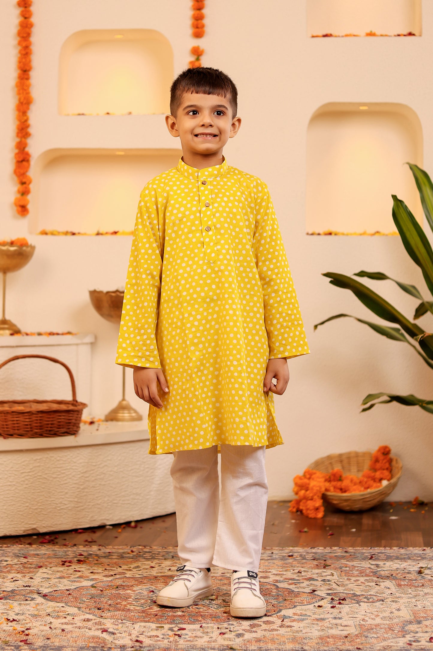 Adorable Yellow Kurta Pyjama with White Polka Dots for Kids (1-12years)