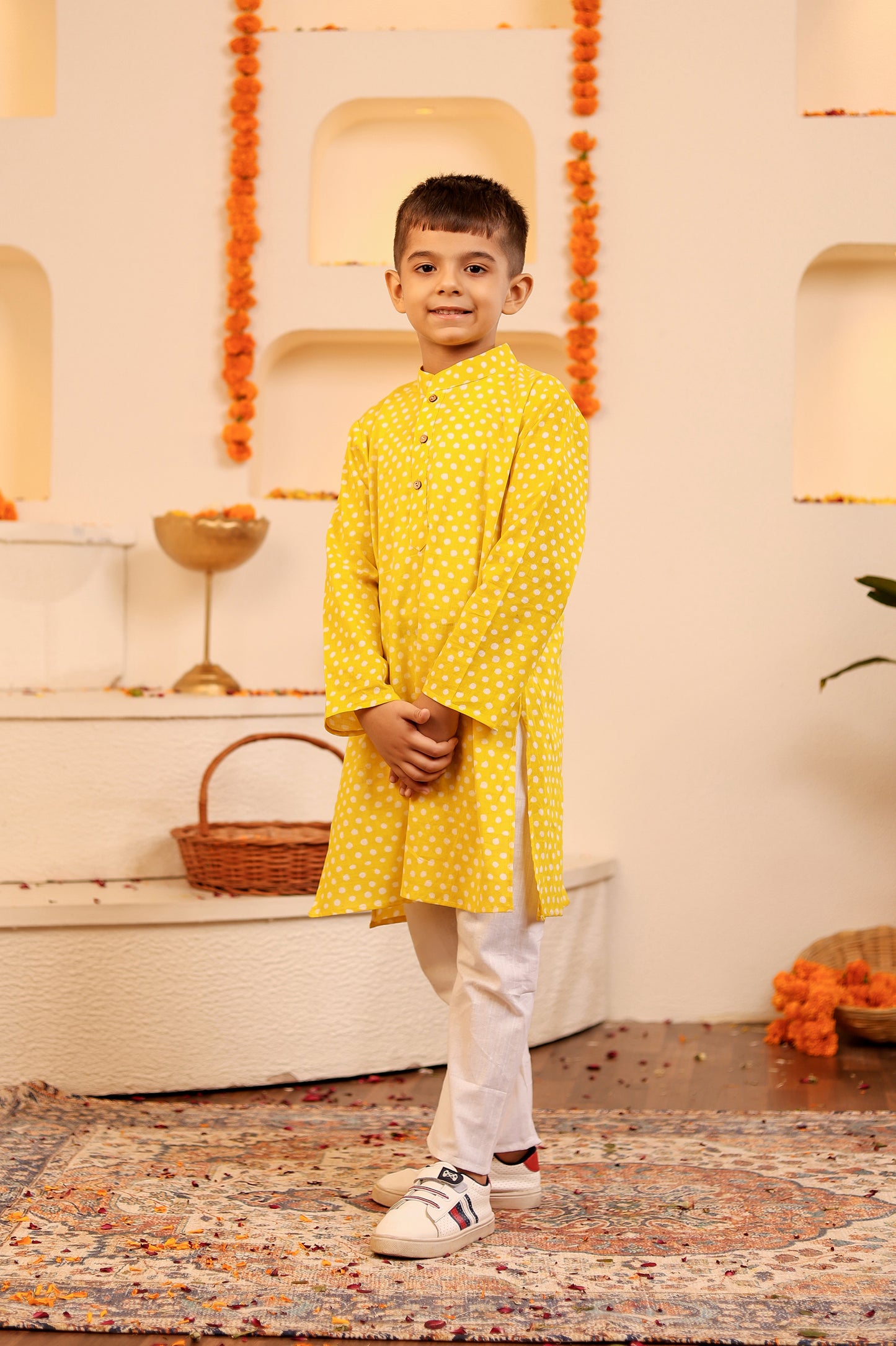 Adorable Yellow Kurta Pyjama with White Polka Dots for Kids (1-12years)