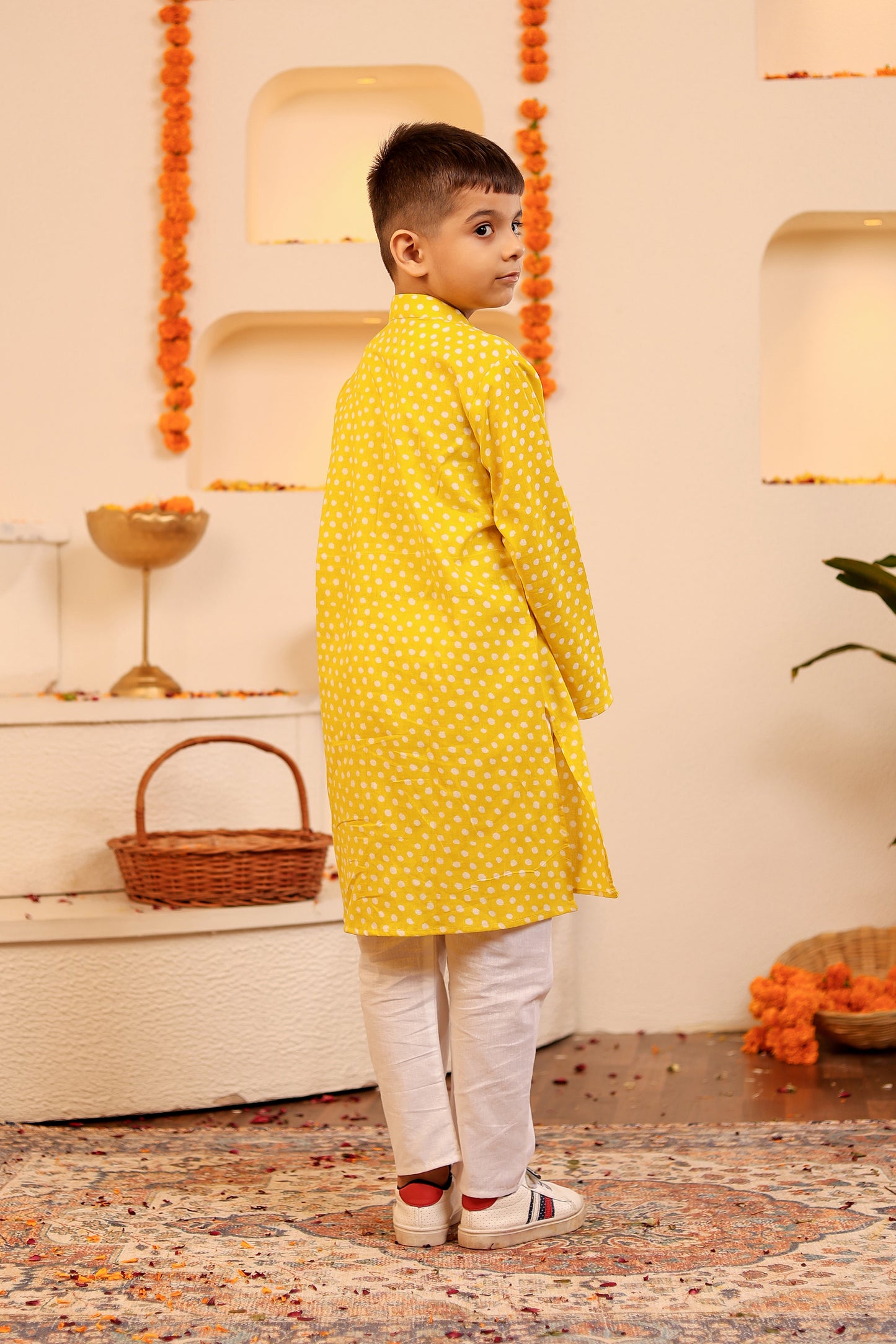 Adorable Yellow Kurta Pyjama with White Polka Dots for Kids (1-12years)