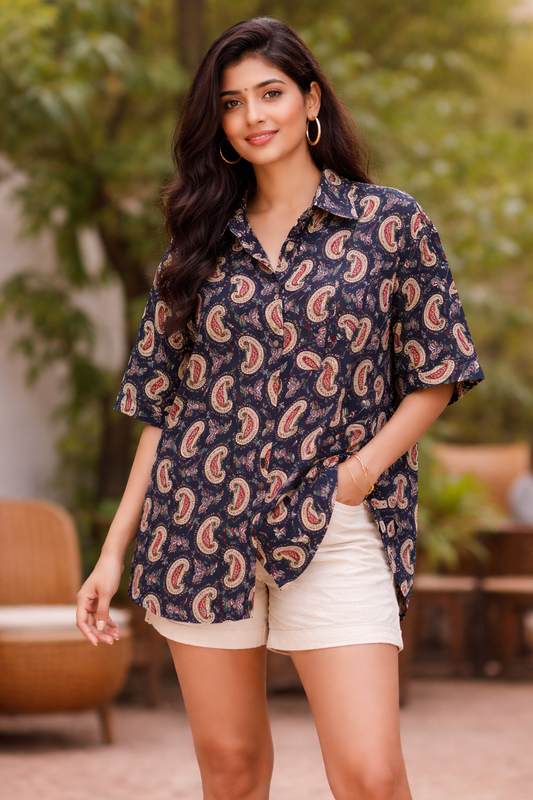 Indigo Paisley Oversized Baggy Shirt