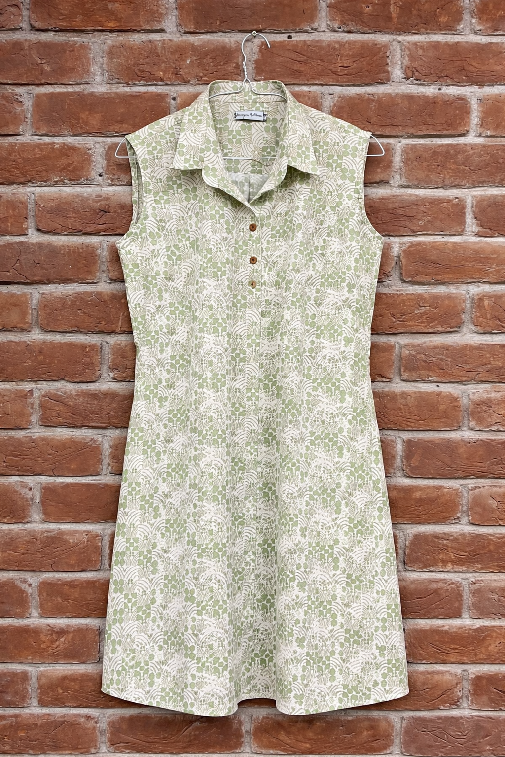 Beige Green Geometric Cotton Dress | Sleeveless Summer Dress