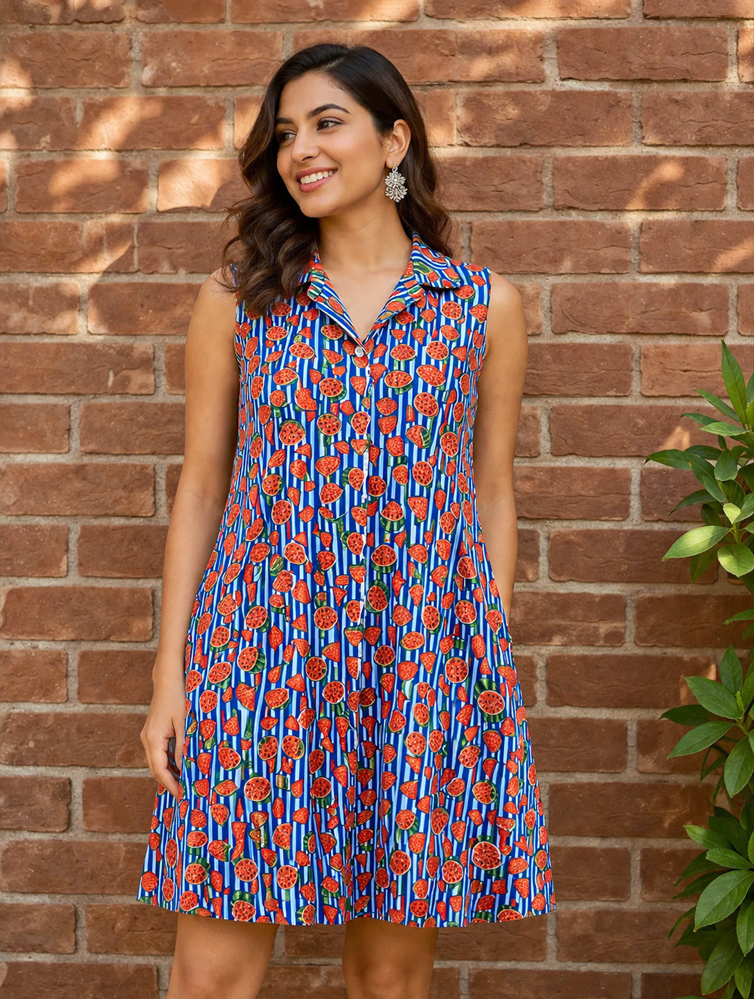 Watermelon Print A-Line Cotton Dress for Women | Sleeveless Summer Dress