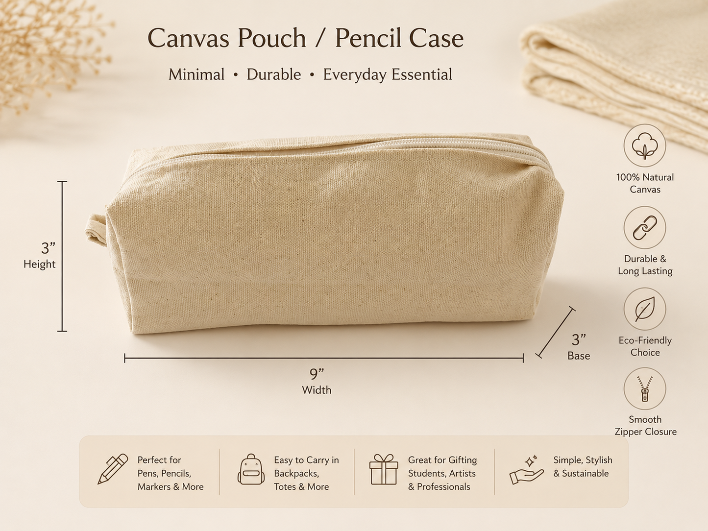 Natural canvas zipper box pouch 3×9×3 inch for stationery storage