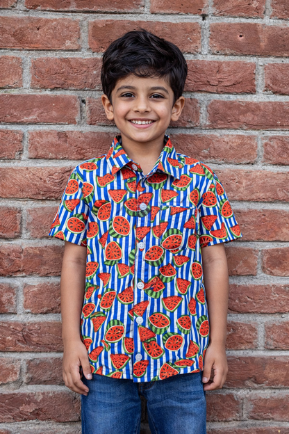 Boys Watermelon Print Cotton Shirt - 0–7 Years