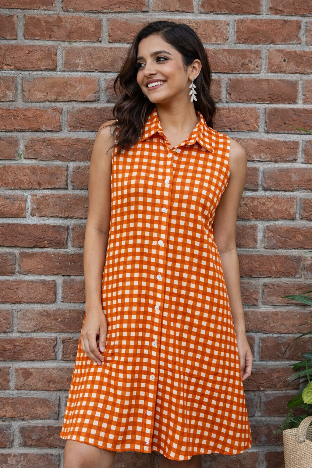 Woman wearing an orange and white checkered dress standing against a brick wall.