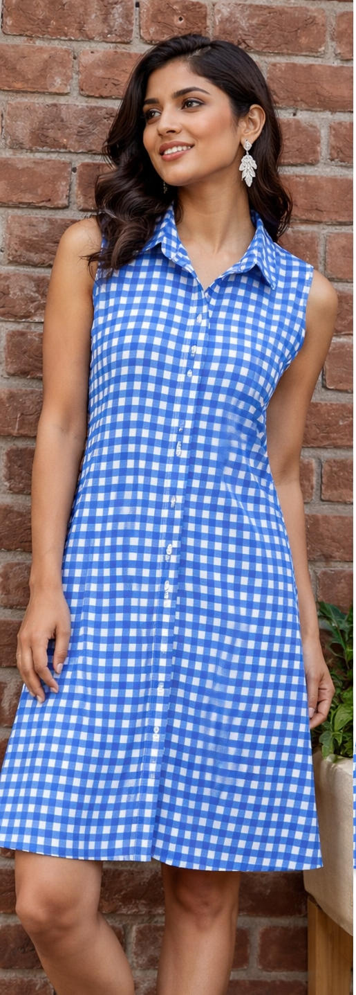 Woman wearing a blue and white checkered dress next to the dress on a white background