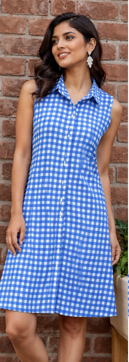 Woman wearing a blue and white checkered dress next to the dress on a white background