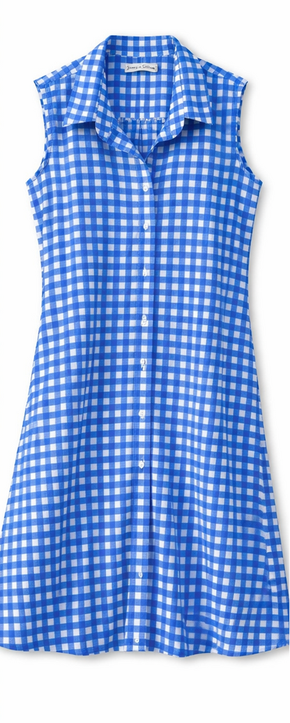 Woman wearing a blue and white checkered dress next to the dress on a white background