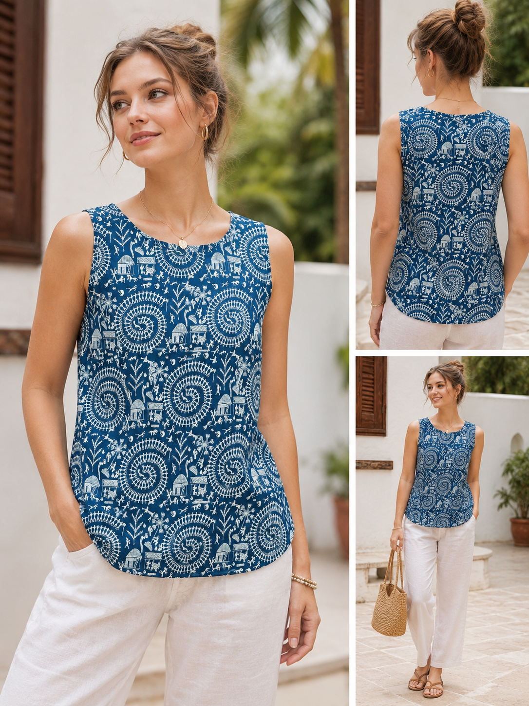Indigo Warli Print Cotton Sleeveless Top for Women