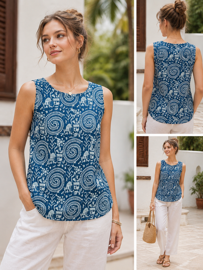 Indigo Warli Print Cotton Sleeveless Top for Women