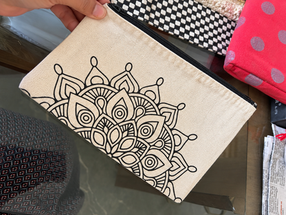5×8 inch pre-marked Mandala canvas zipper pouch with black zipper