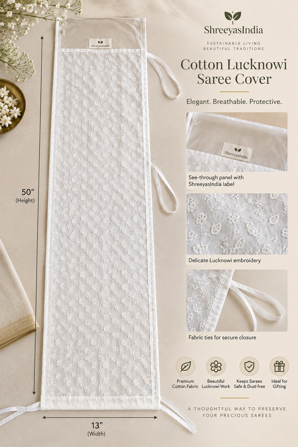 ShreeyasIndia Premium Cotton Lucknowi Saree Cover with Organza | Pack of 3 & 6