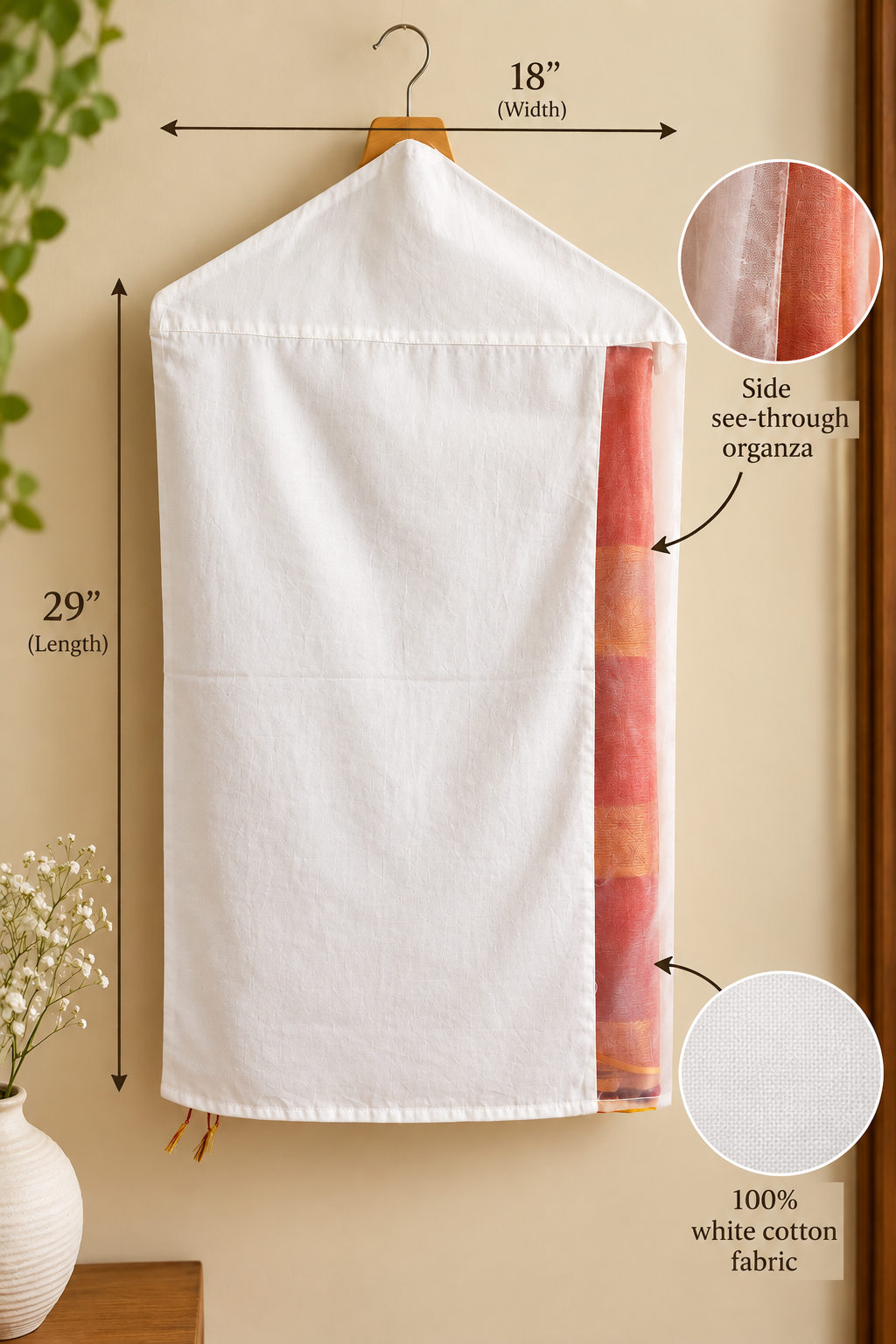 100% white cotton saree cover with see-through organza side