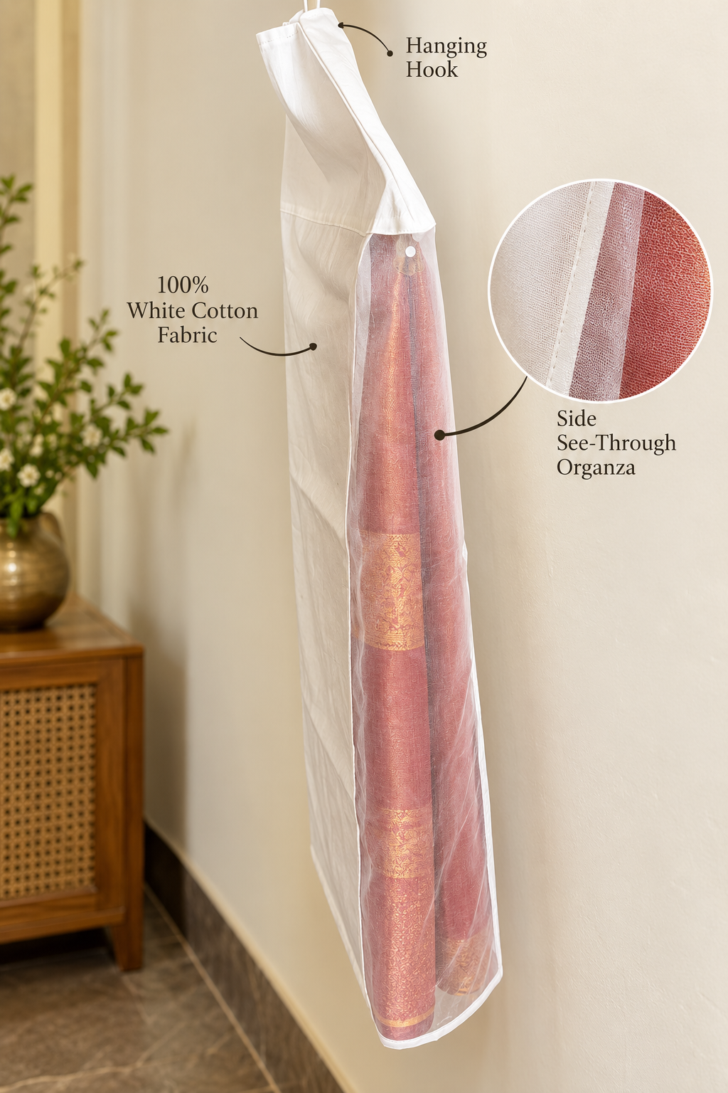 White cotton saree covers with organza side organised in wardrobe