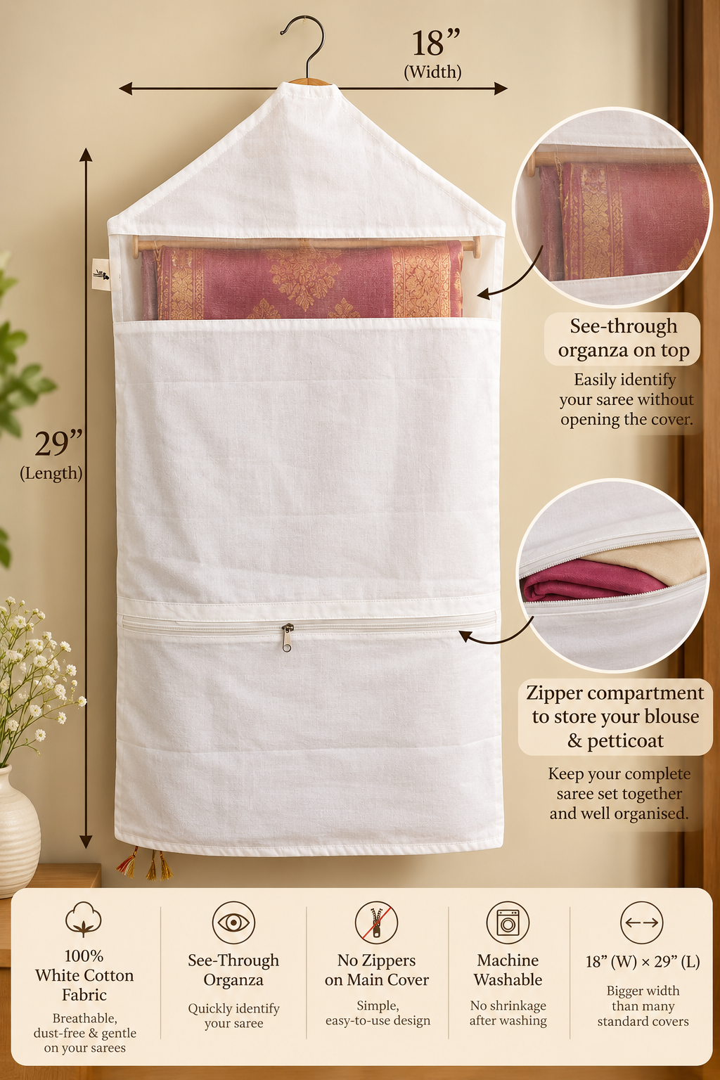 Shreeyas India Cotton Saree Covers with Organza and zipper compartment - Pack of 6|12