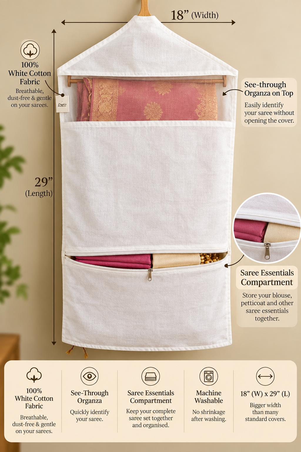 Shreeyas India Cotton Saree Covers with Organza and zipper compartment - Pack of 6|12