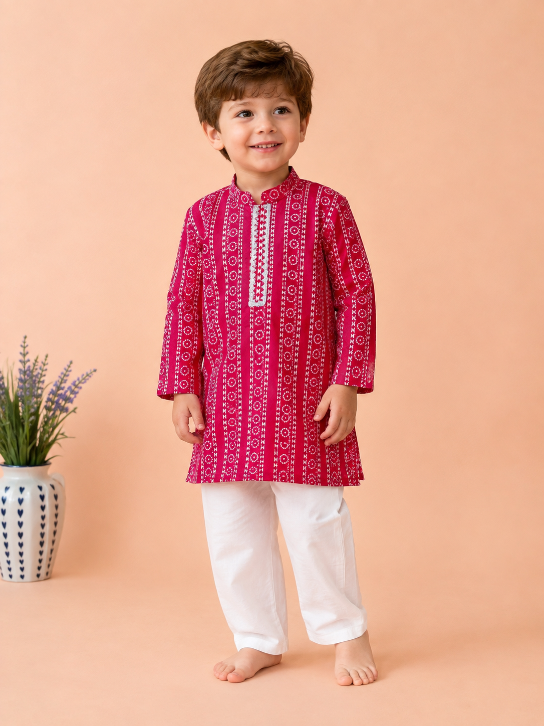 Bright Pink Bandhani Kurta Pyjama for Boys | 100% Cotton Festive Wear