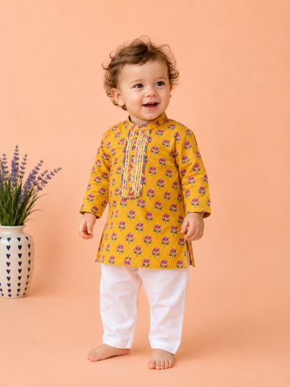 Yellow Bootie Kurta Pyjama for Boys | 100% Cotton Festive Wear