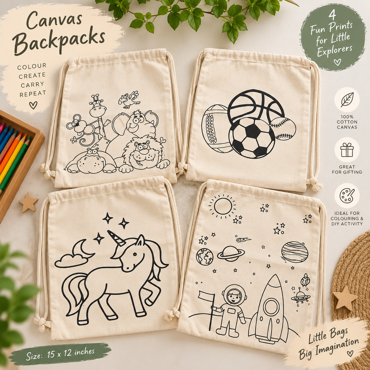 Cotton Canvas DIY/Pre-marked Backpacks ASSORTED Prints - Pack of 6/12