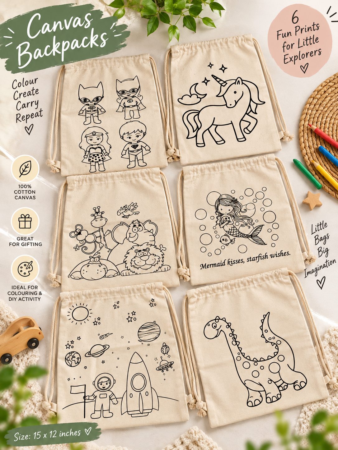 Cotton Canvas DIY/Pre-marked Backpacks ASSORTED Prints - Pack of 6/12