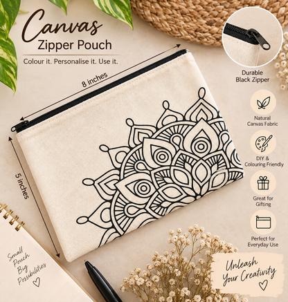 Mandala Canvas Zipper Pouch 5×8" | Premarked Colouring Pouch - Pack of 10/20/30