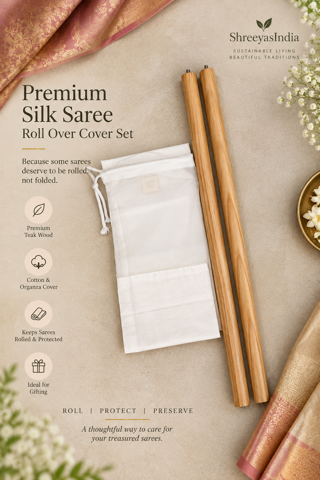 ShreeyasIndia Premium Silk Saree Roll Over Cover Set with TEAK WOOD sticks