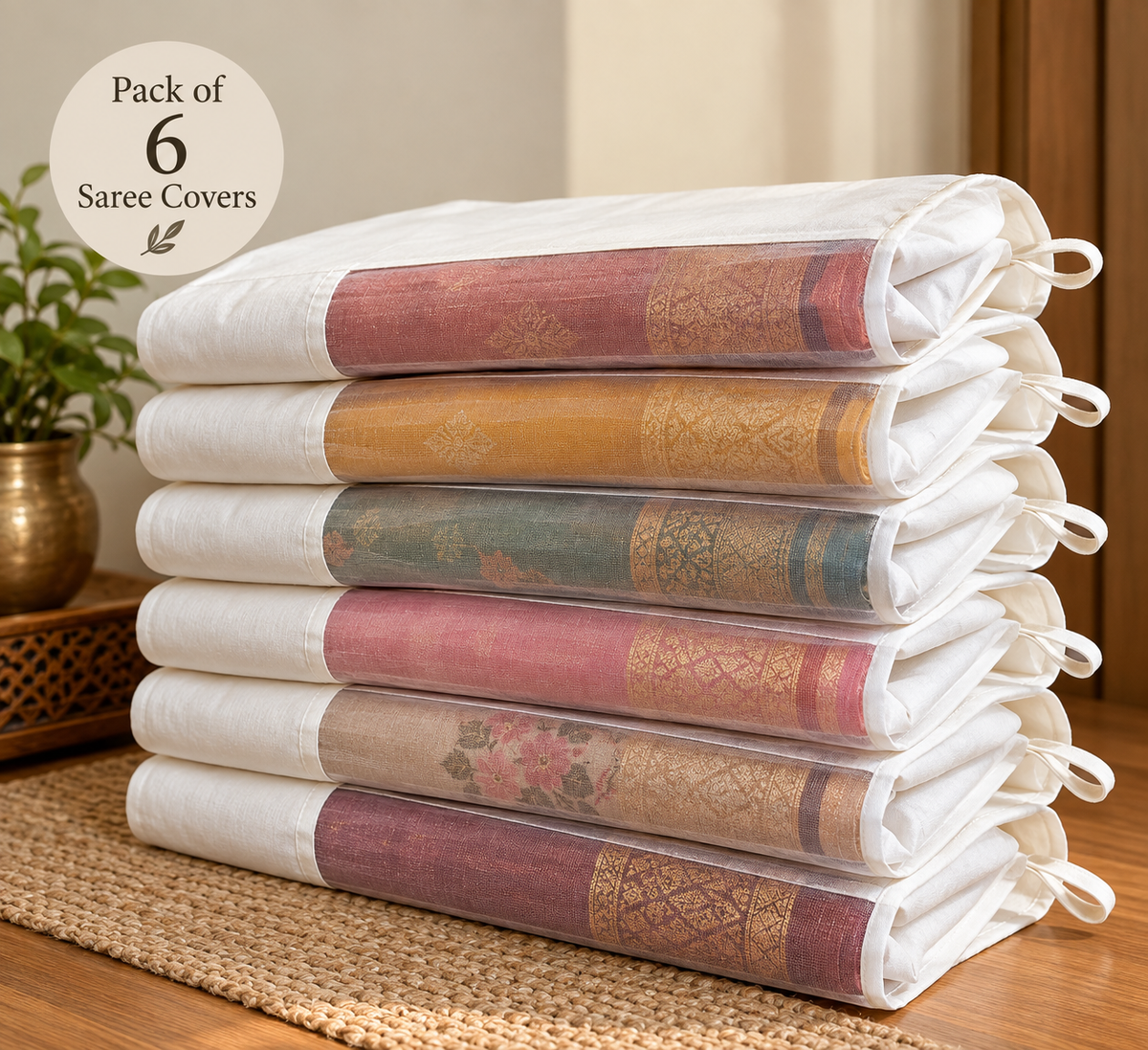 White cotton saree covers with organza side organised in wardrobe