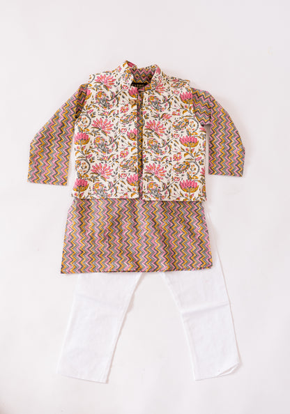 Boys Zigzag kurta with floral print jacket and pyzama - 3pc set, 100% cotton