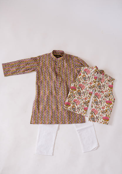 Boys Zigzag kurta with floral print jacket and pyzama - 3pc set, 100% cotton
