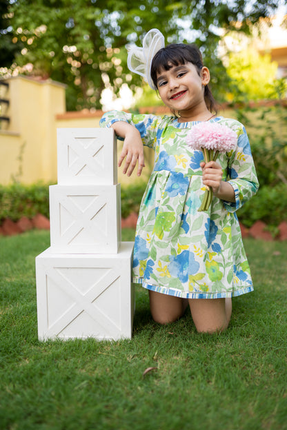 Girls Blue floral Cotton Pleated Dress