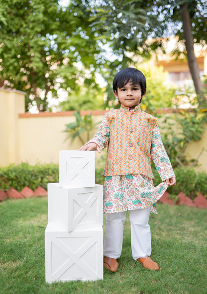 Boys Zigzag kurta with floral print jacket and pyzama - 3pc set, 100% cotton