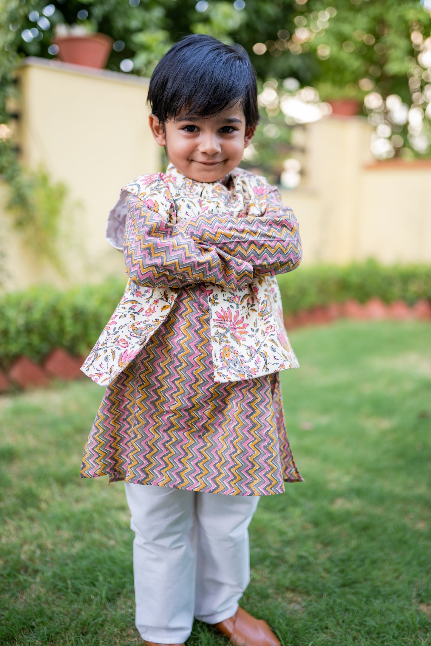 Boys Zigzag kurta with floral print jacket and pyzama - 3pc set, 100% cotton