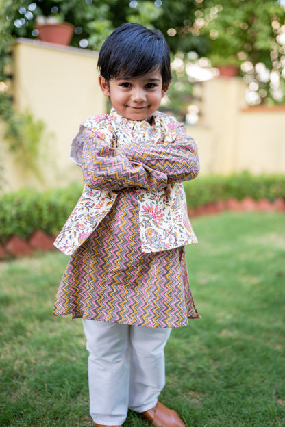 Boys Zigzag kurta with floral print jacket and pyzama - 3pc set, 100% cotton