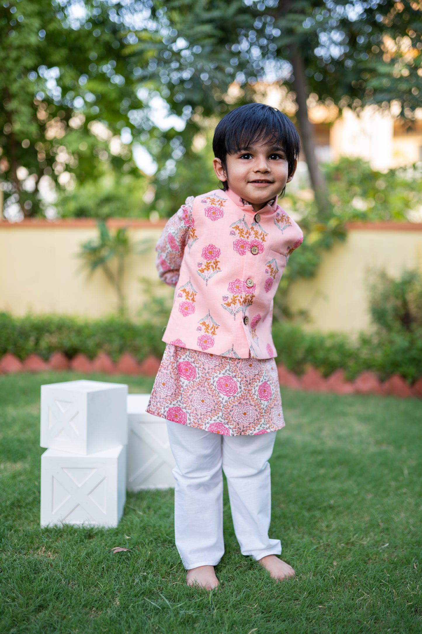 Boys Pink kurta with jacket and pyzama - 3pc set, 100% cotton