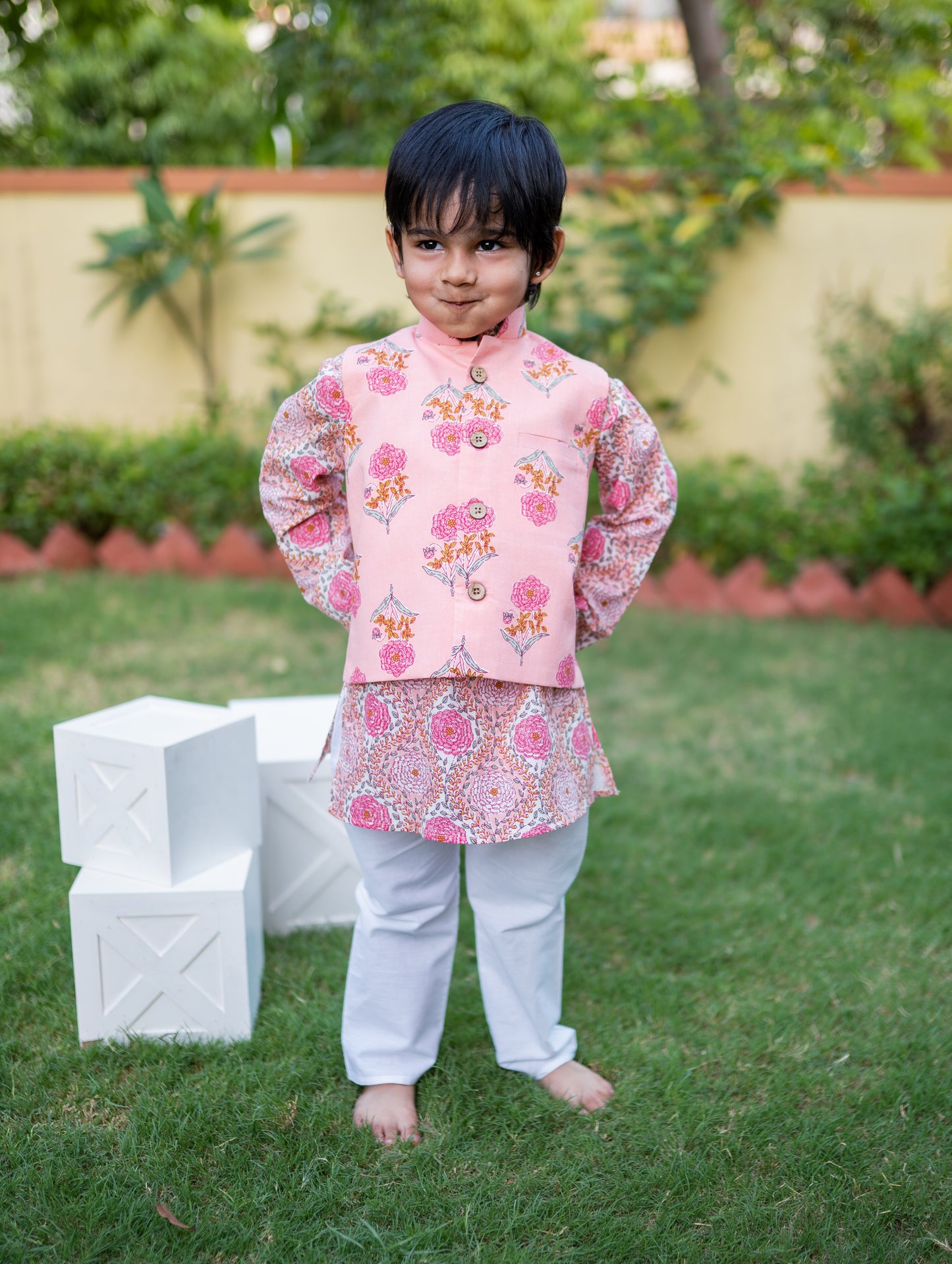 Boys Pink kurta with jacket and pyzama - 3pc set, 100% cotton