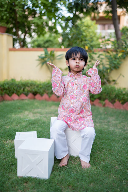 Boys Pink kurta with jacket and pyzama - 3pc set, 100% cotton