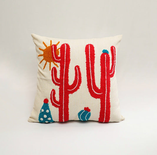 Cactus Bloom – Red Embroidered Cushion Cover
