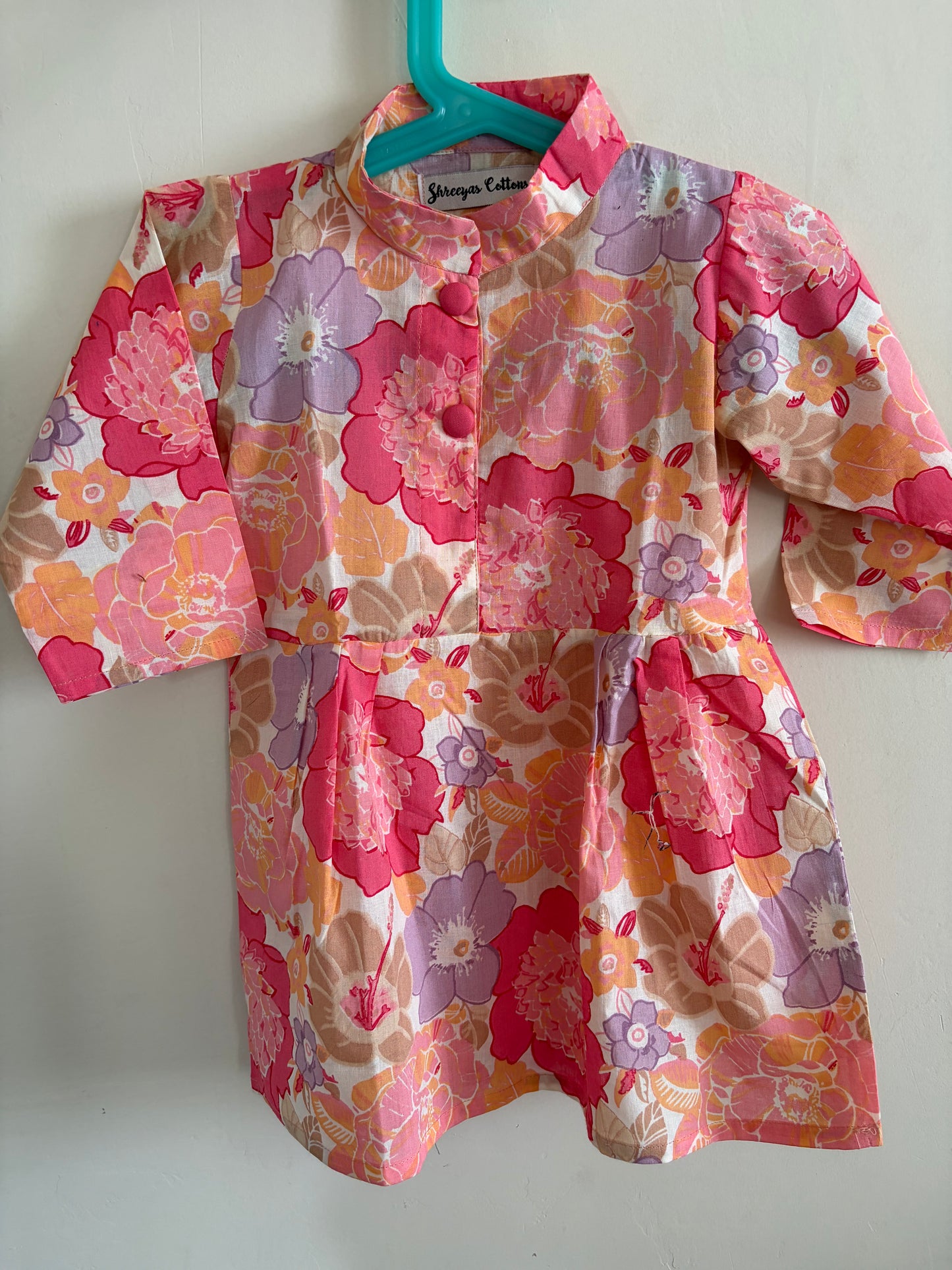 Girls Pink floral Knee-length Cotton Dress