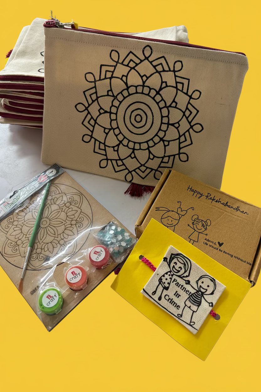A pre marked canvas zip pouch with a black mandala design. a gift set containing a paintbrush, acrylic paints, a rubber stamp, and a Eco-rakhi.