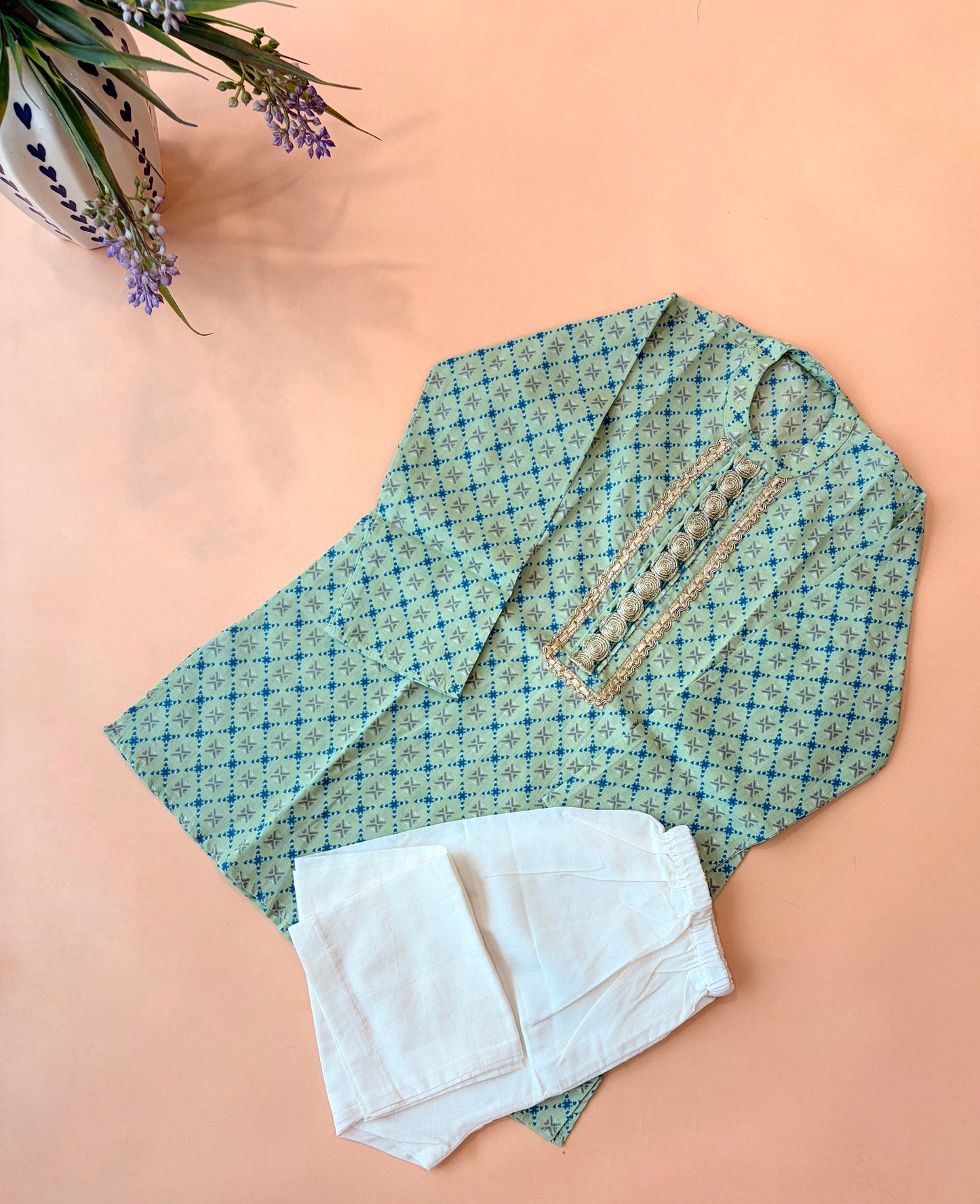 Mint green printed kurta pyjama for boys
