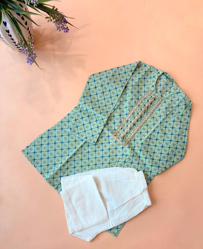 Mint green printed kurta pyjama for boys