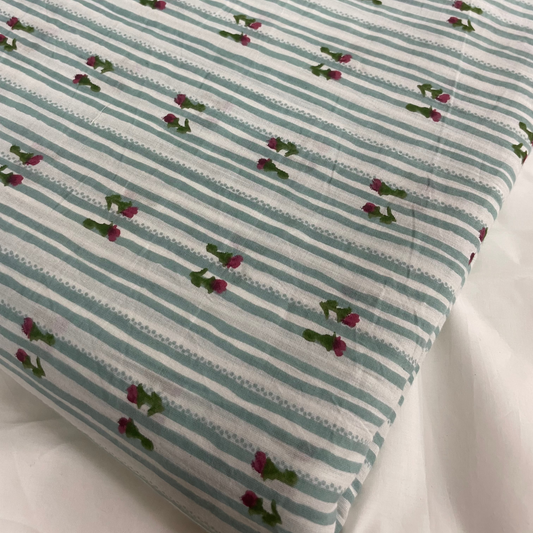 Blue lines with Rose Block Print Cotton Fabric