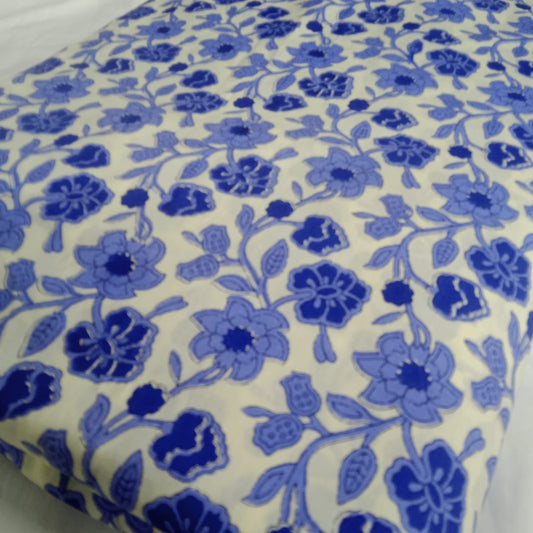 Soft Blue Bloom on White Cotton Fabric