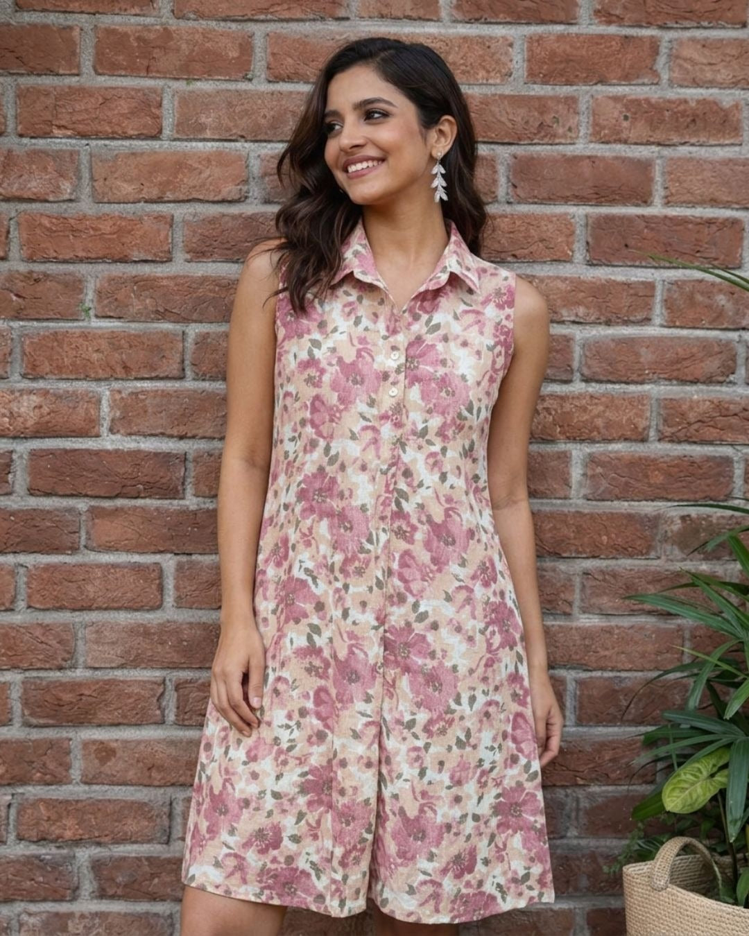 Pastel pink floral A-line cotton dress for women